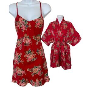 Vintage Red Rose Nightgown Mini Slip Dress Kimono Robe Silk Set Sz S Small Y2K